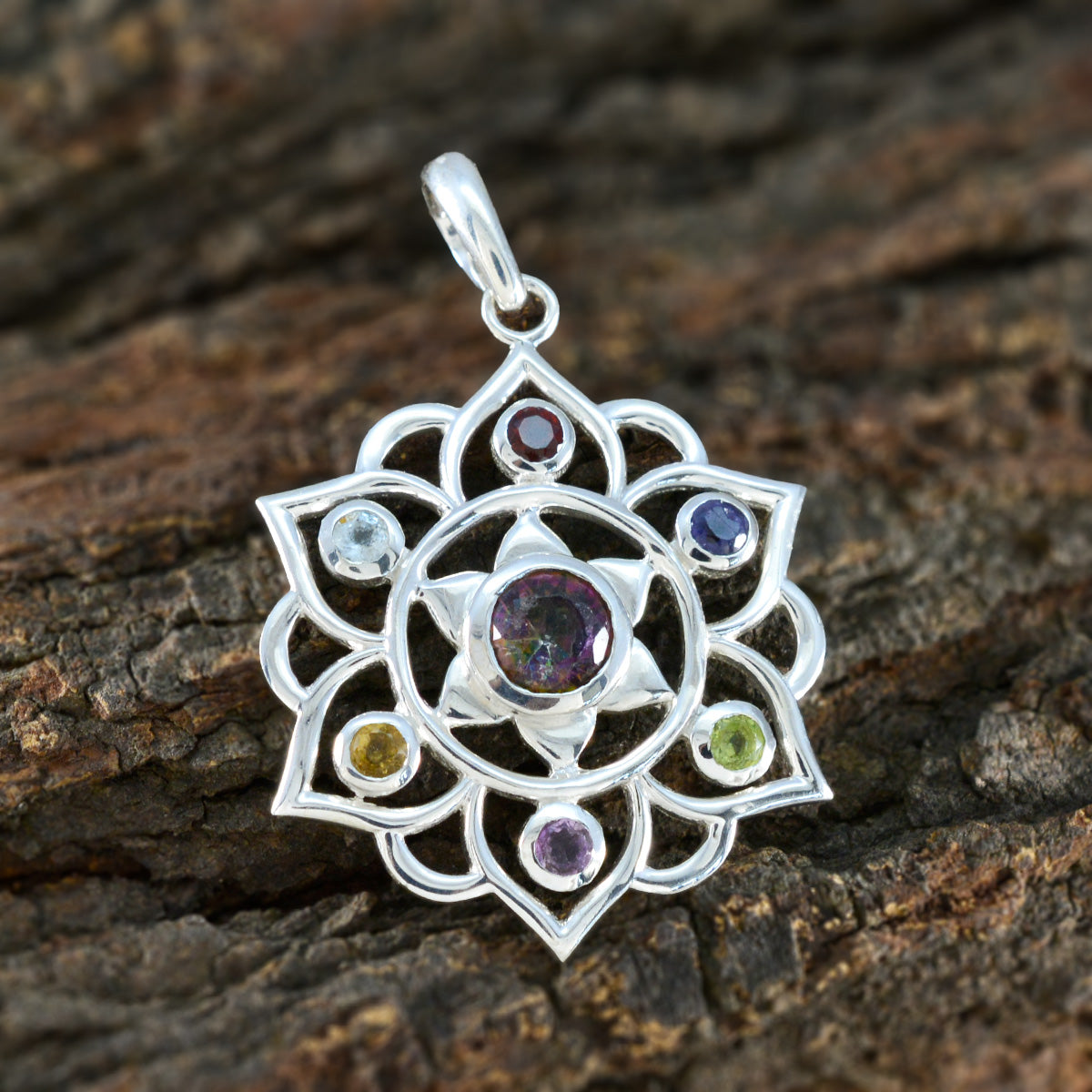 Multi Stone Classic Mexican Sterling Silver Hepta Yasmine Rope-Wire multicolor Pendant Jewellery