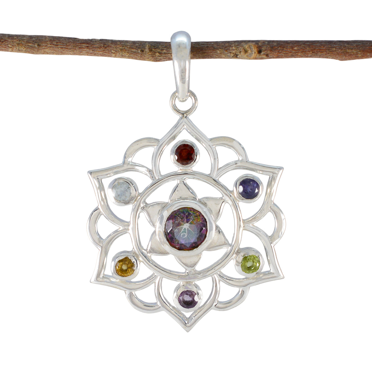 Multi Stone Classic Mexican Sterling Silver Hepta multicolor Pendant