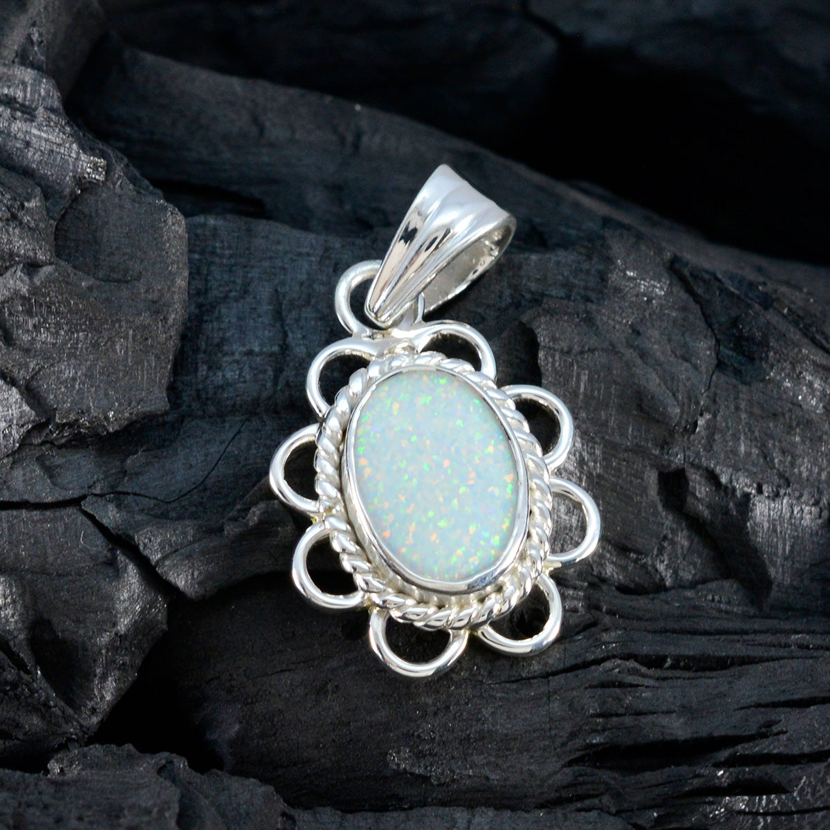 Created Opal Whisper-thin American Silver Solitaire Yasmin Rope-Wire White Pendant Jewelry