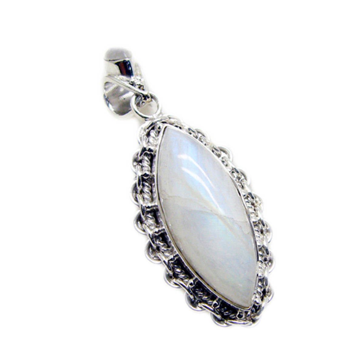 Rainbow Moonstone Eye-catching Latin American Sterling Silver Solitaire Ángeles Rope-Wire White Pendant Jewellery