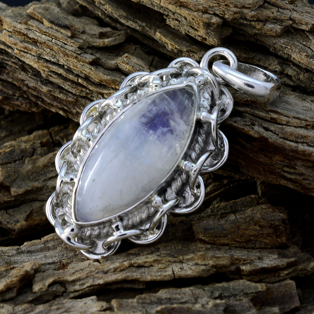 Rainbow Moonstone Edgy American Silver Solitaire Ivana Rope-Wire White Pendant Jewelry