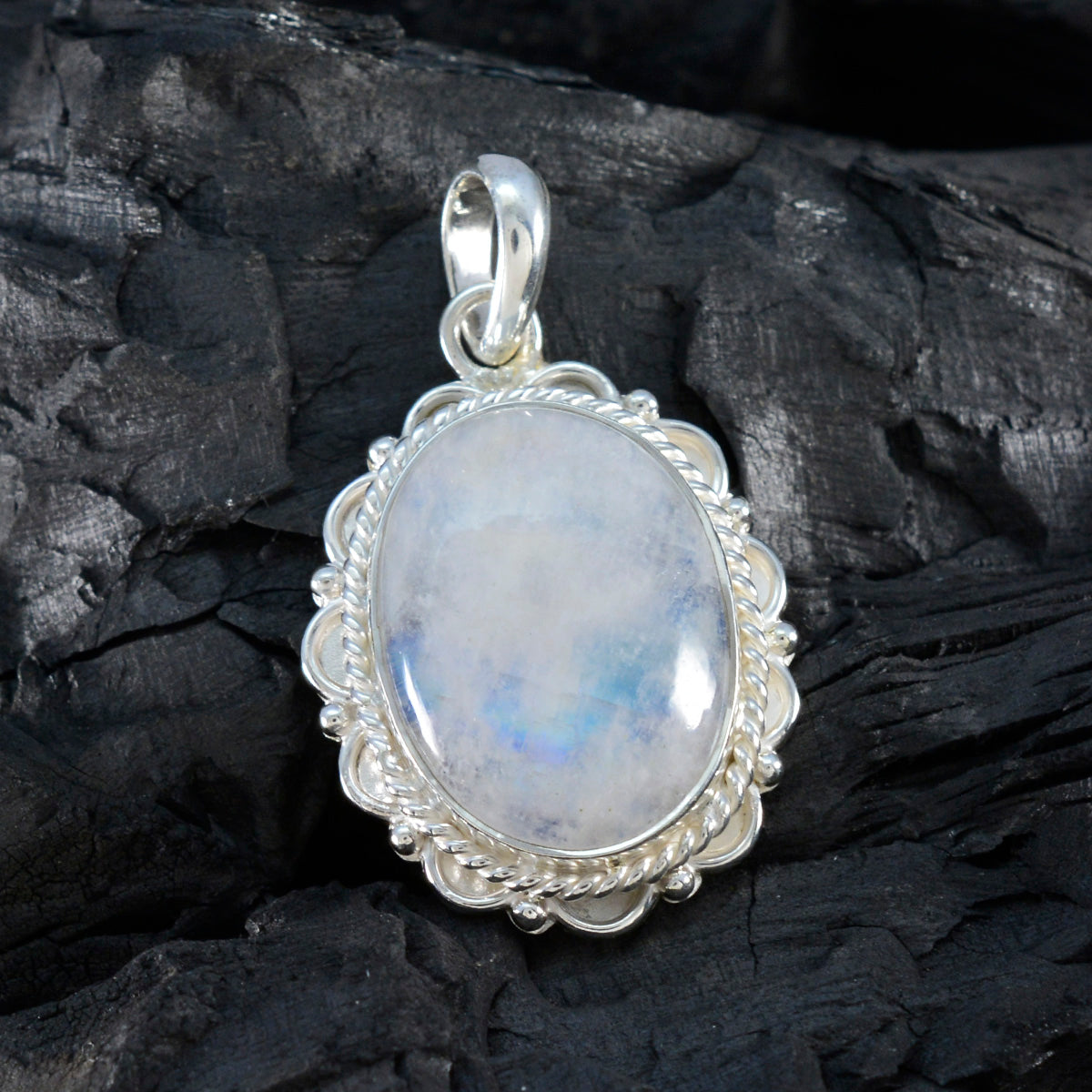 Rainbow Moonstone Edgy Moroccan 925 Silver Solitaire Autumn Rope-Wire White Pendant Jewelry