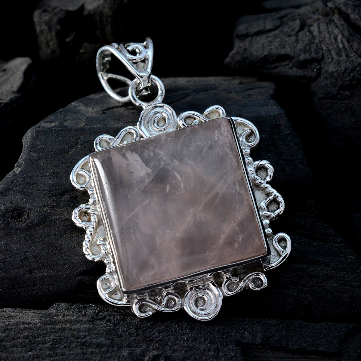 Rose Quartz Statement Moroccan Silver Solitaire Marie Rope-Wire Pink Pendant Jewelry