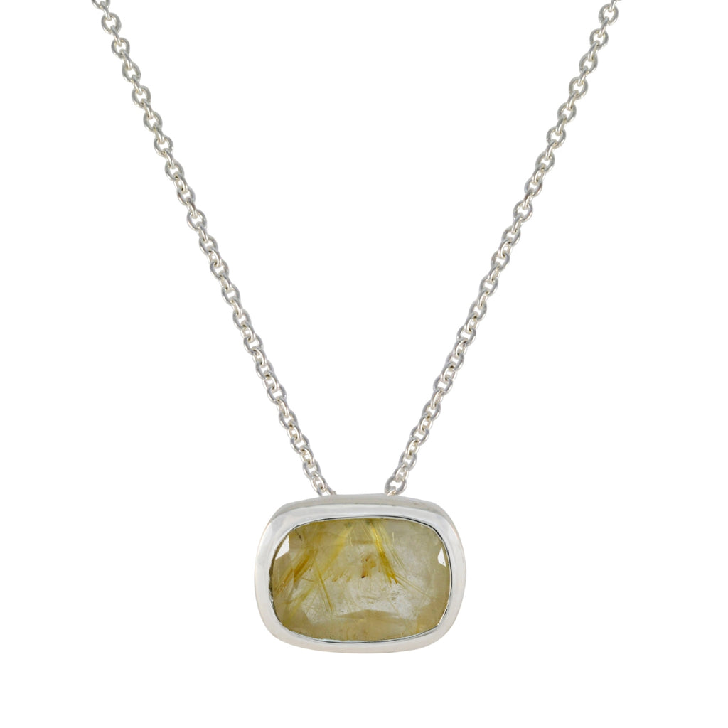 Rutile Quartz Classic French 92.5 Silver Solitaire Yellow Pendant