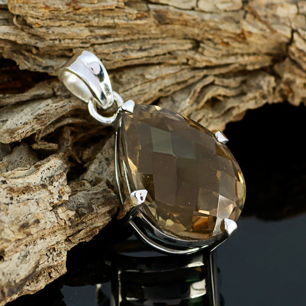 Smoky Quartz Chunky Russian Sterling Silver Solitaire Ava Traditional Brown Pendant Jewellery