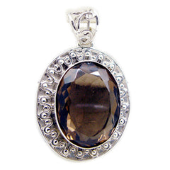 Smoky Quartz Chunky Russian 925 Silver Solitaire Brown Pendant