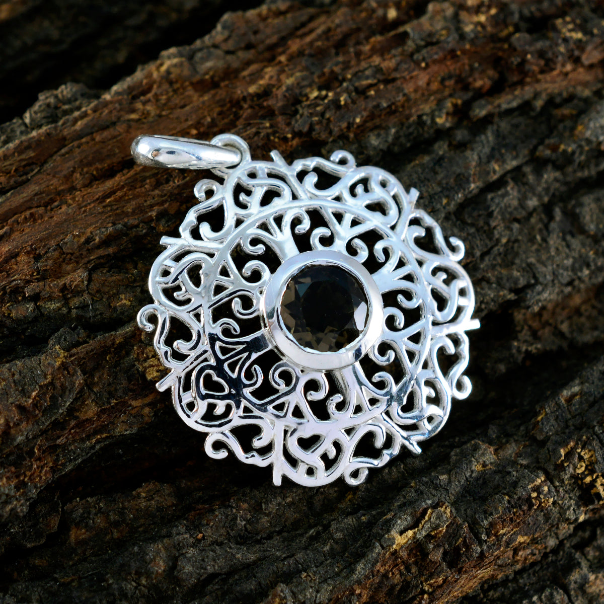 Smycken med elegant tyskt silver, solitaire Pilar geometriskt brunt hänge i rökkvarts Sekundär produktbild