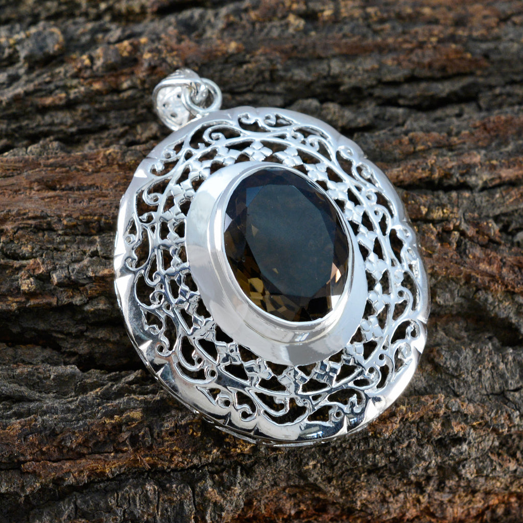 Smoky Quartz Statement Italian Sterling Silver Solitaire Victoria Art-Deco Brown Pendant Jewellery