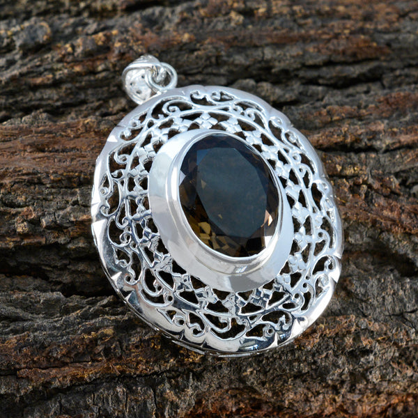Smoky Quartz Statement Italian Sterling Silver Solitaire Victoria Art-Deco Brown Pendant Jewellery