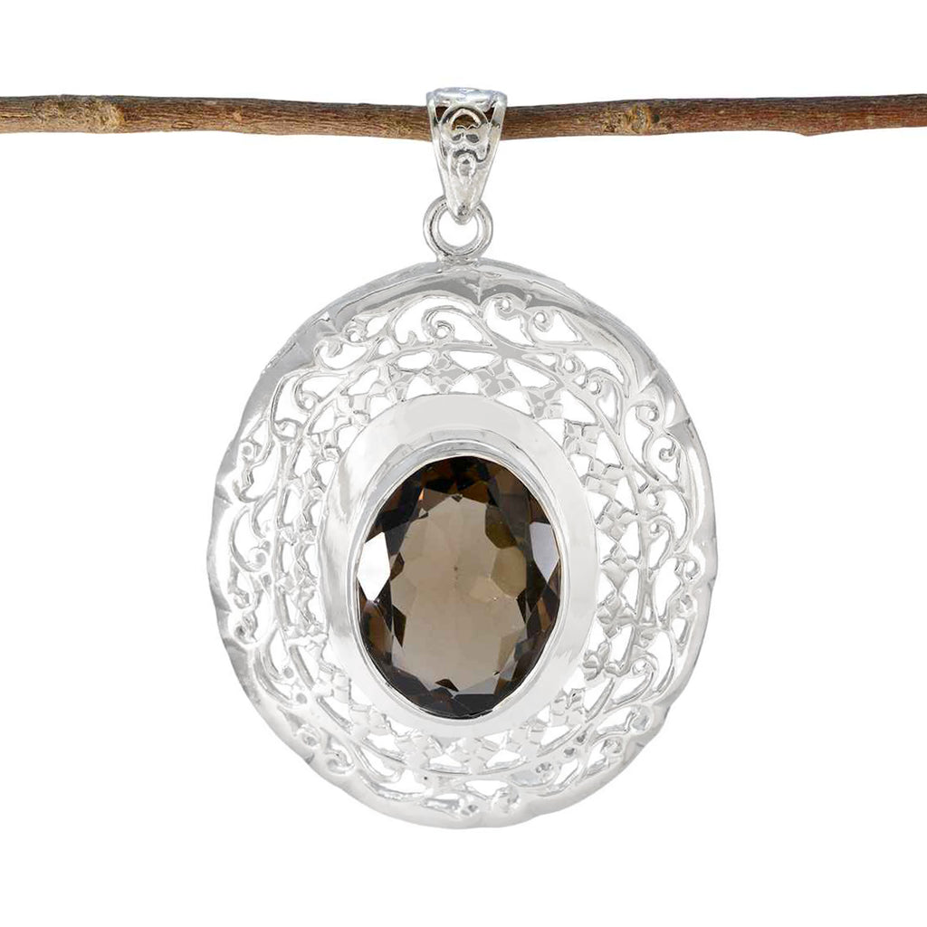 Smoky Quartz Statement Italian Sterling Silver Solitaire Brown Pendant