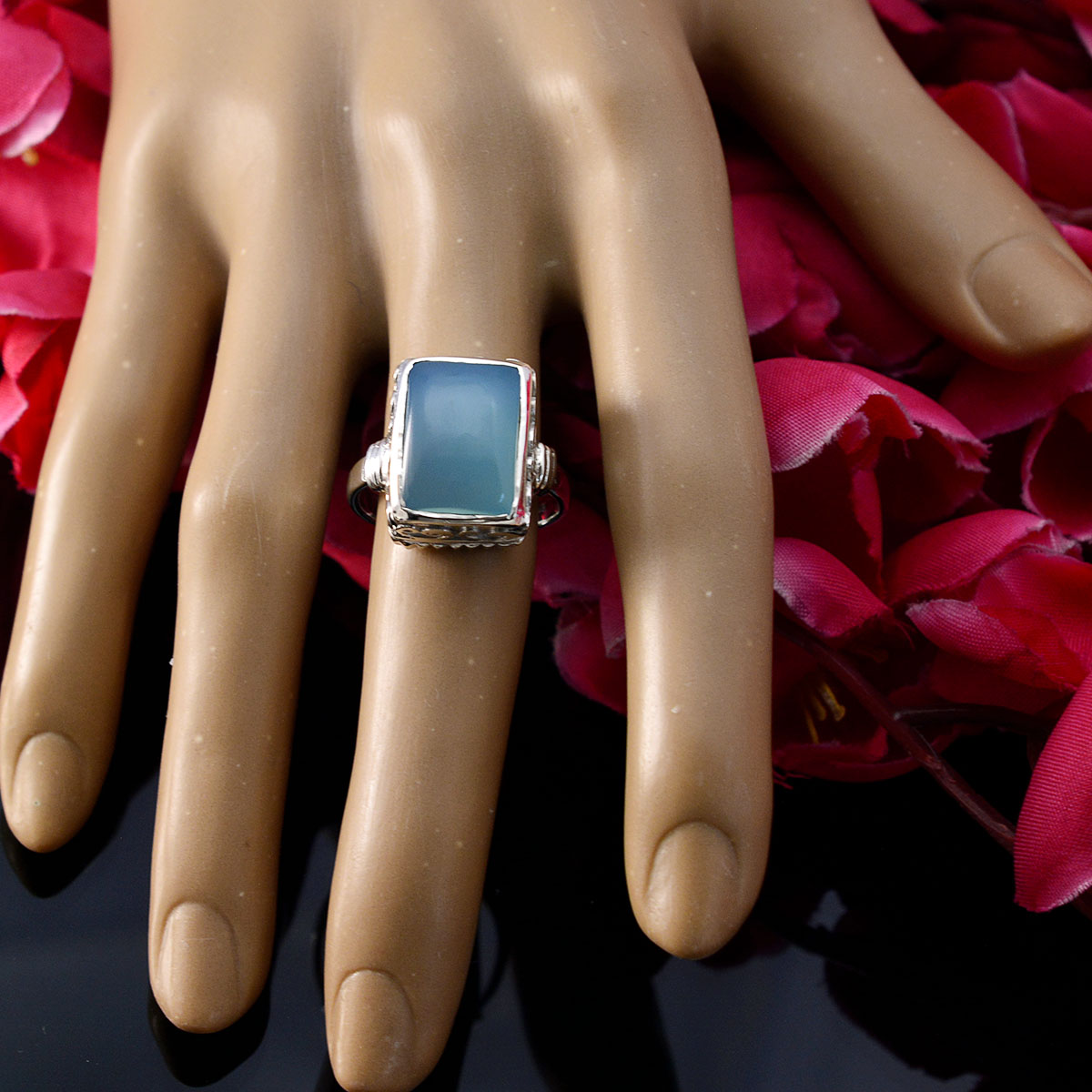 Aqua Chalcedony Solitaire Egyptian 925 Silver Green Gems Versatile Contemporary Ring Jewelry