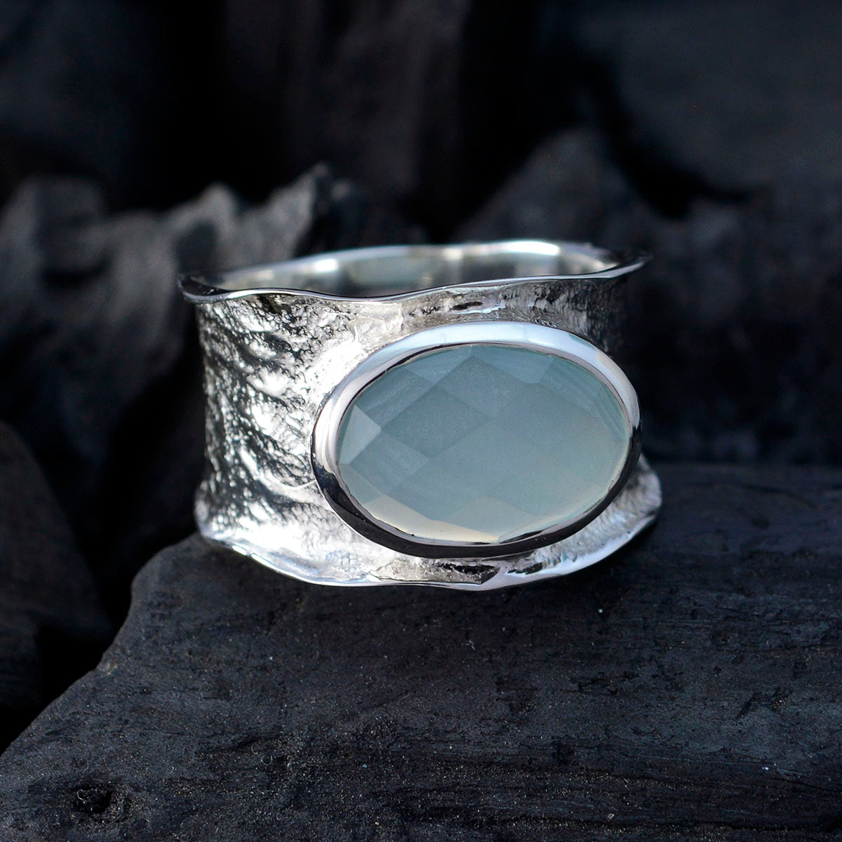 Aqua Chalcedony Solitaire Russian 925 Silver Green Gemstone Essential  Oversized Band Jewelry
