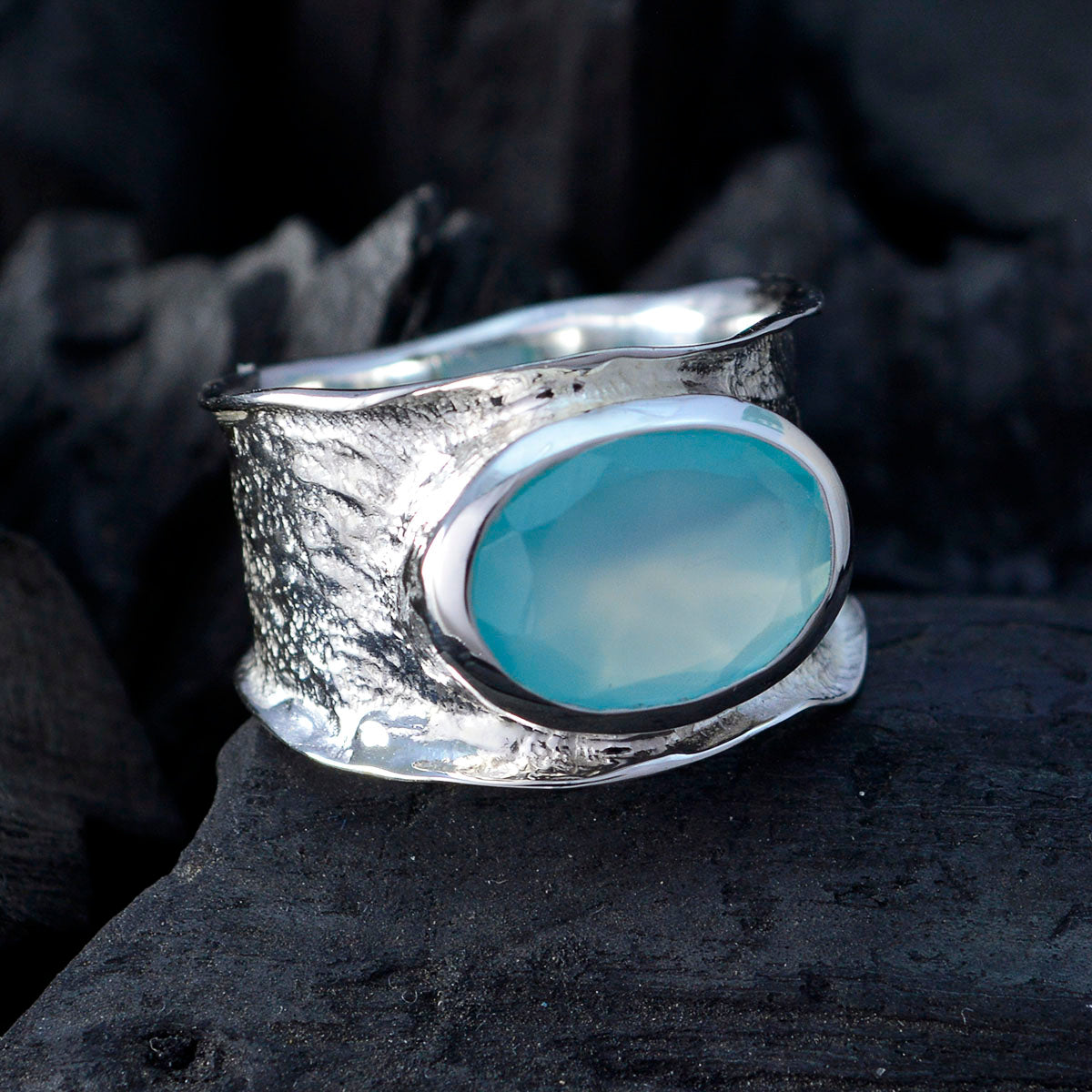 Aqua Chalcedony Solitaire German 92.5 Silver Green Gemstones Edgy Oversized Band Jewellery