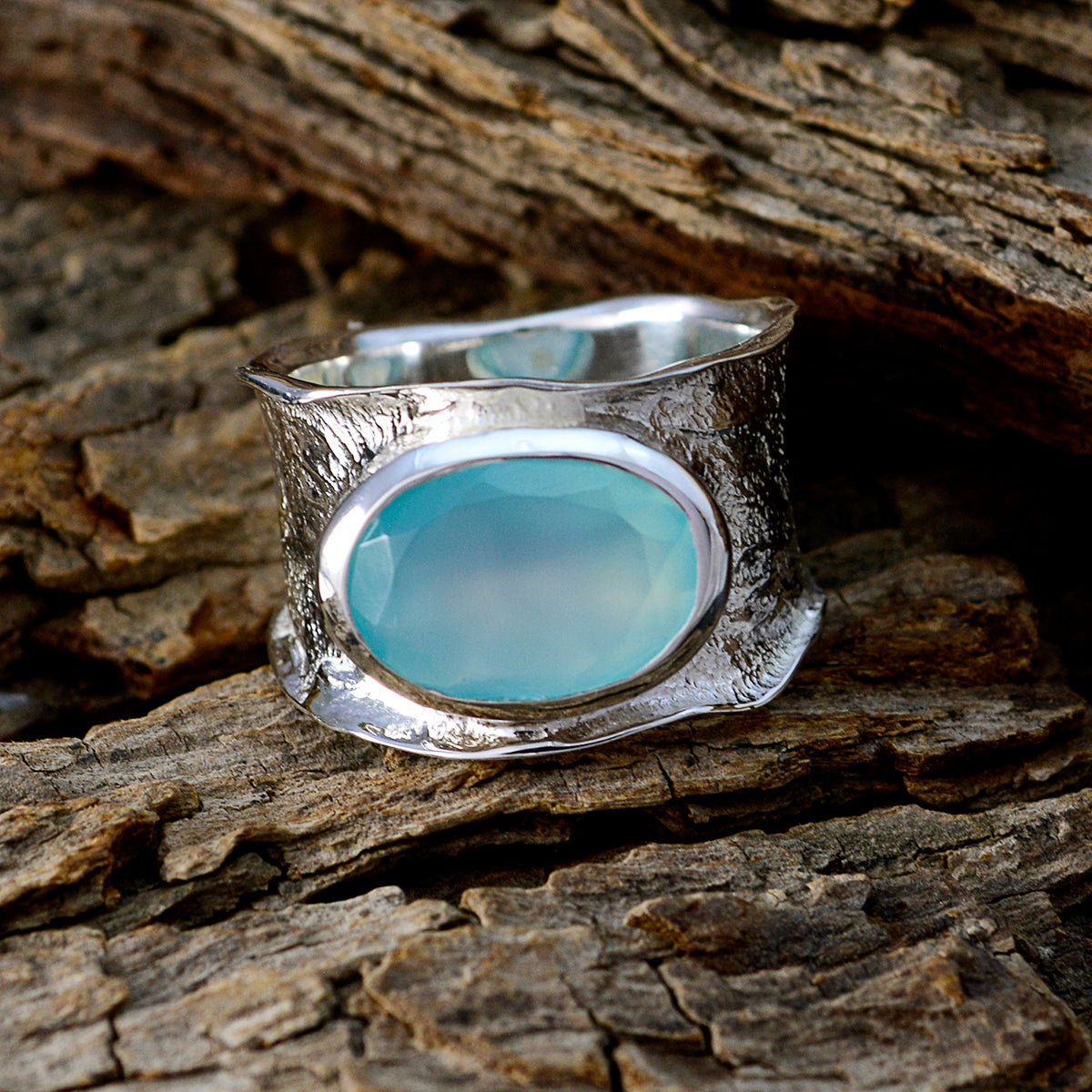 Aqua Chalcedony Solitaire German 92.5 Silver Green Gemstones Edgy Oversized Band Jewellery
