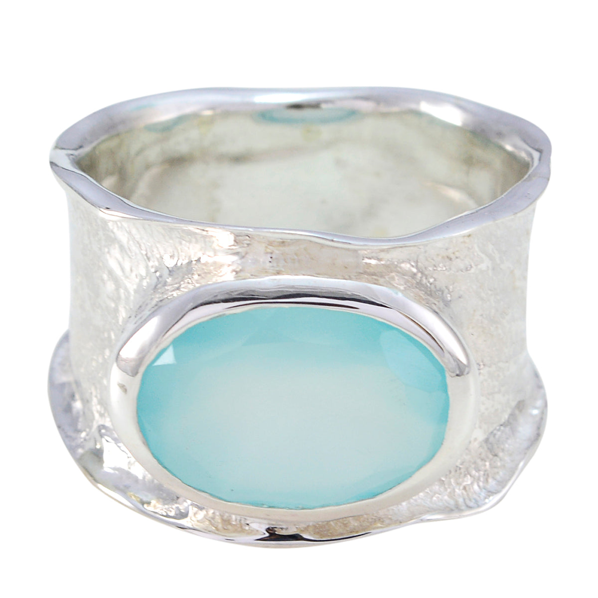 Aqua Chalcedon Solitär Deutsches 92,5 Silber Grüne Edelsteine Ausgefallener Oversized Bandschmuck