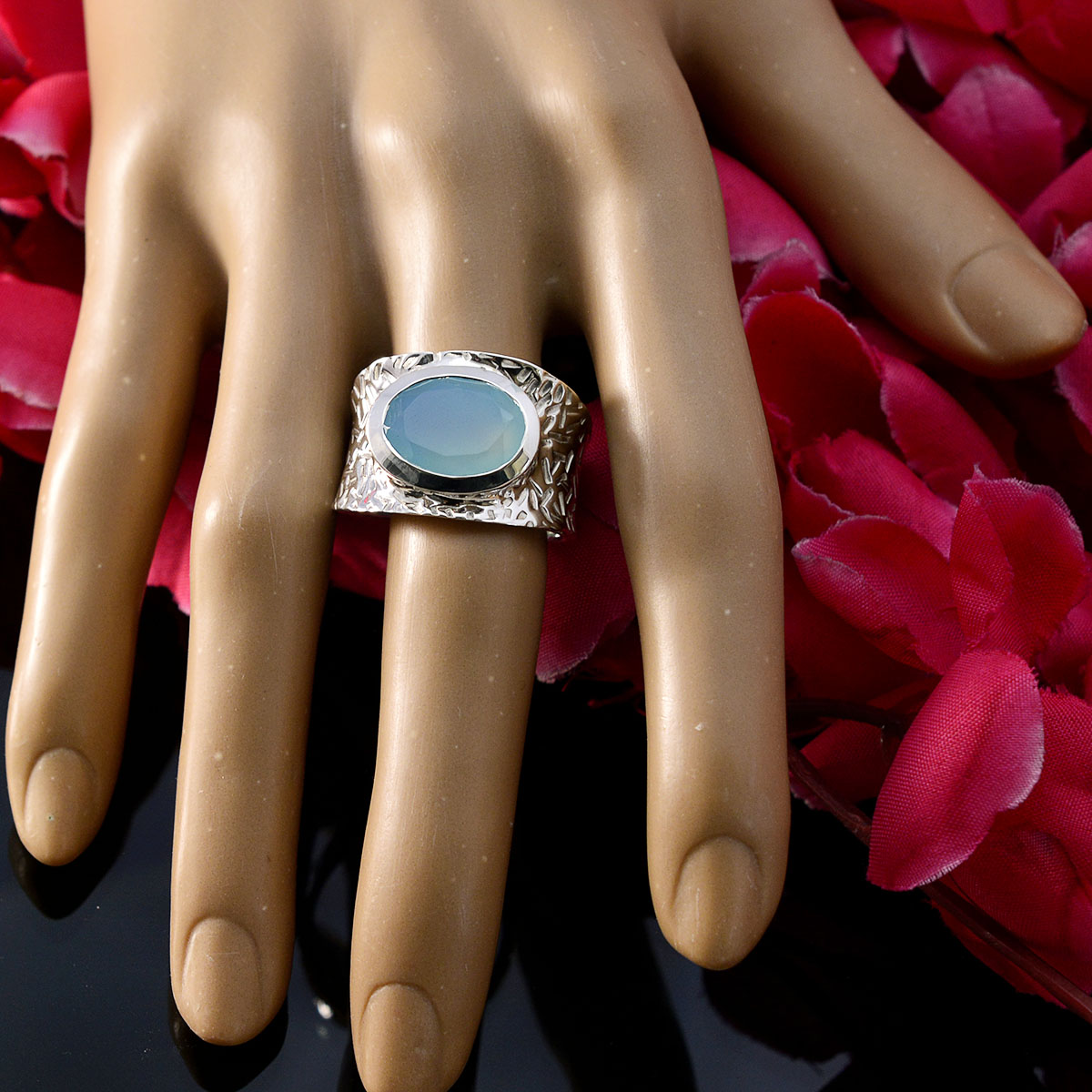 Aqua Chalcedony Solitaire German 925 Silver Green Gemstone Essential  engravings Ring Jewellery