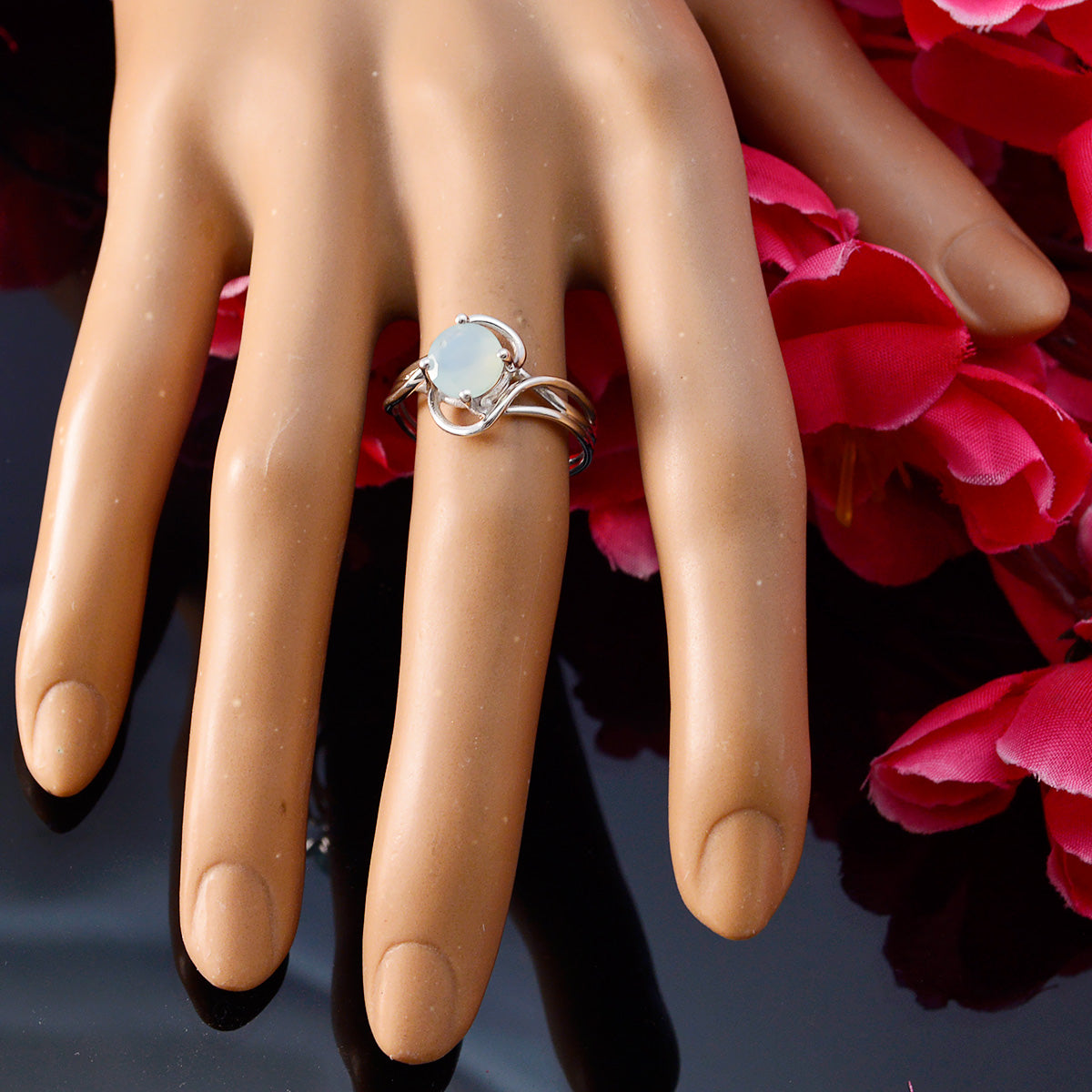 Aqua Chalcedony Solitaire American Silver Green Gems Delicate Abstract Ring Jewelry