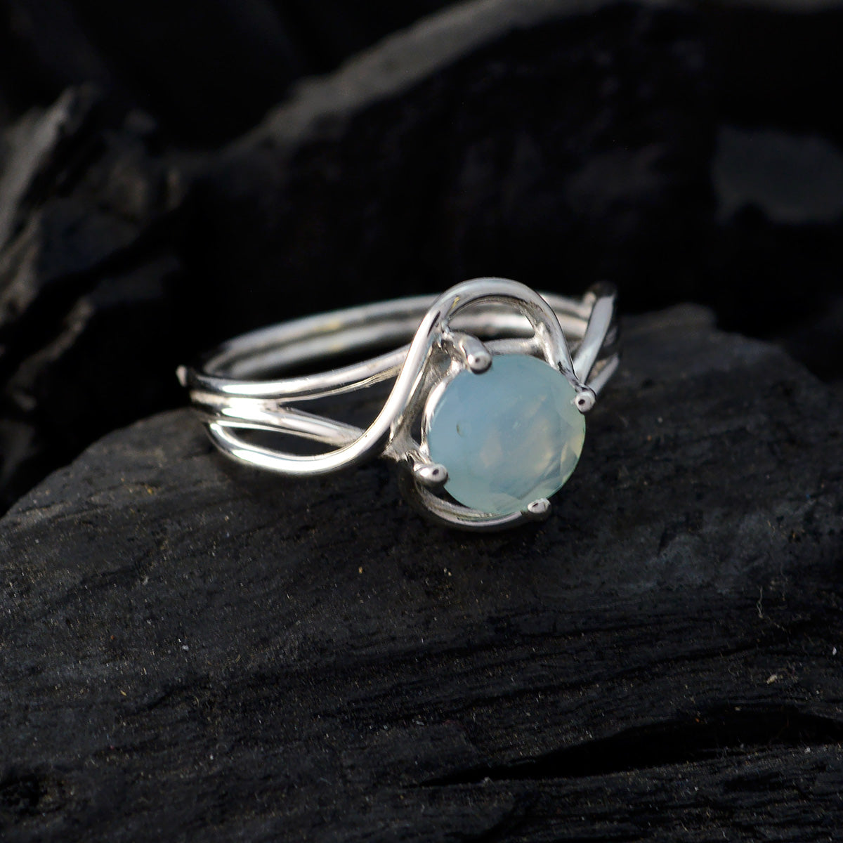 Aqua Chalcedony Solitaire American Silver Green Gems Delicate Abstract Ring Jewelry