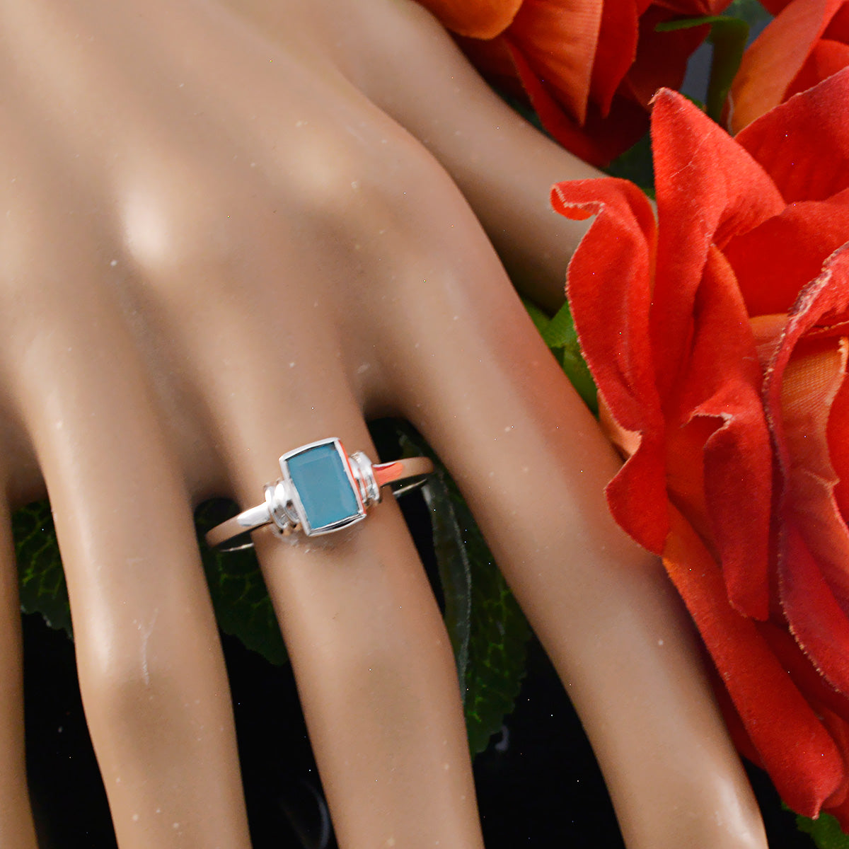 Aqua Chalcedony Solitaire Turkish 925 Sterling Silver Green Gemstones Dainty Boho Ring Jewelry