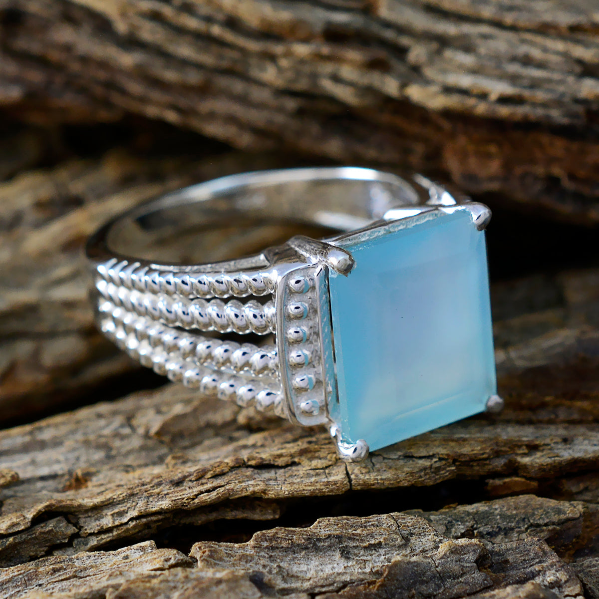 Aqua Chalcedony Solitaire German 92.5 Silver Green Gemstone Eye catching Abstract Ring Jewellery