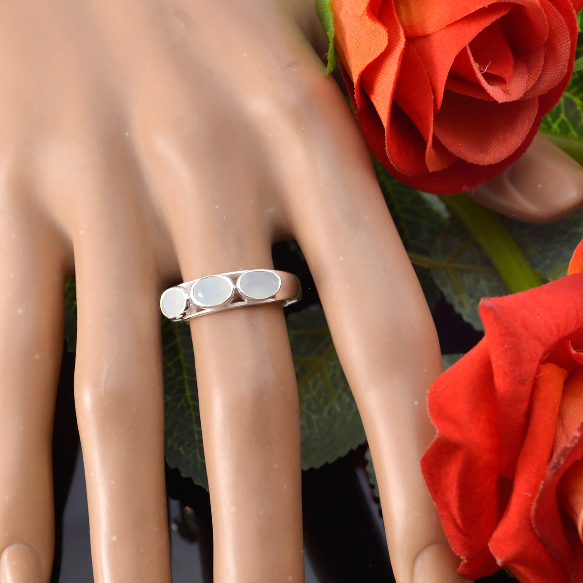 Aqua Chalcedony Trilogy Korean Sterling Silver Green Gemstones Delicate Glamorous Ring Jewelry