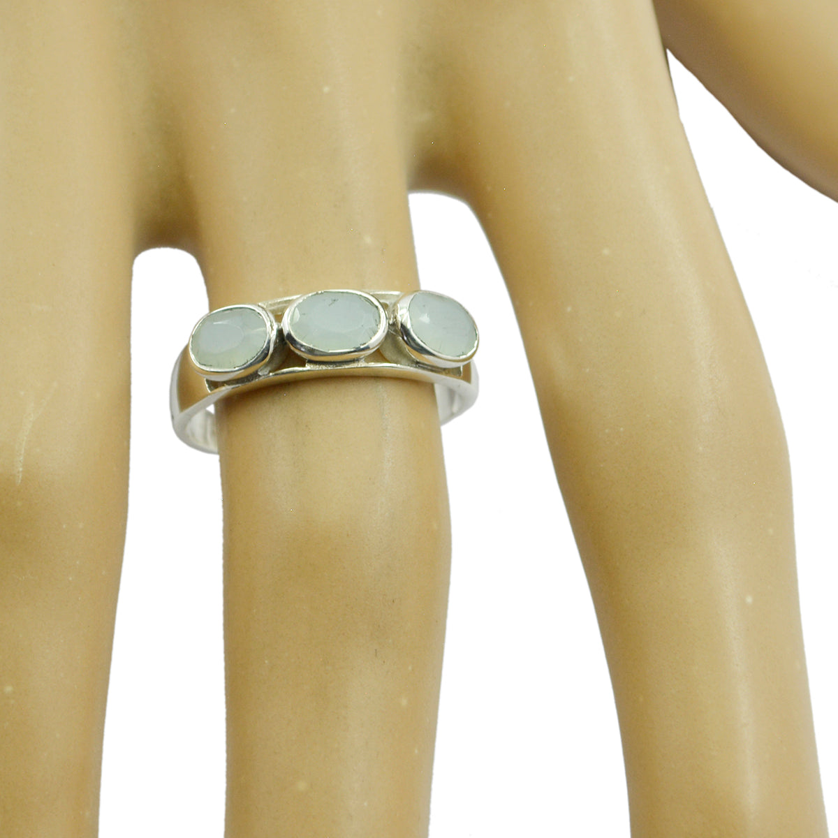 Aqua Chalcedony Trilogy Korean Sterling Silver Green Gemstones Delicate Glamorous Ring Jewelry