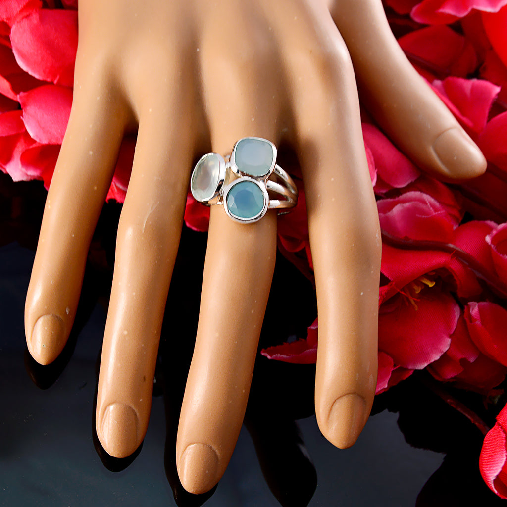 Aqua Chalcedony Trilogy French 92.5 Silver Green Gemstones Mid weight Glamorous Ring Jewellery
