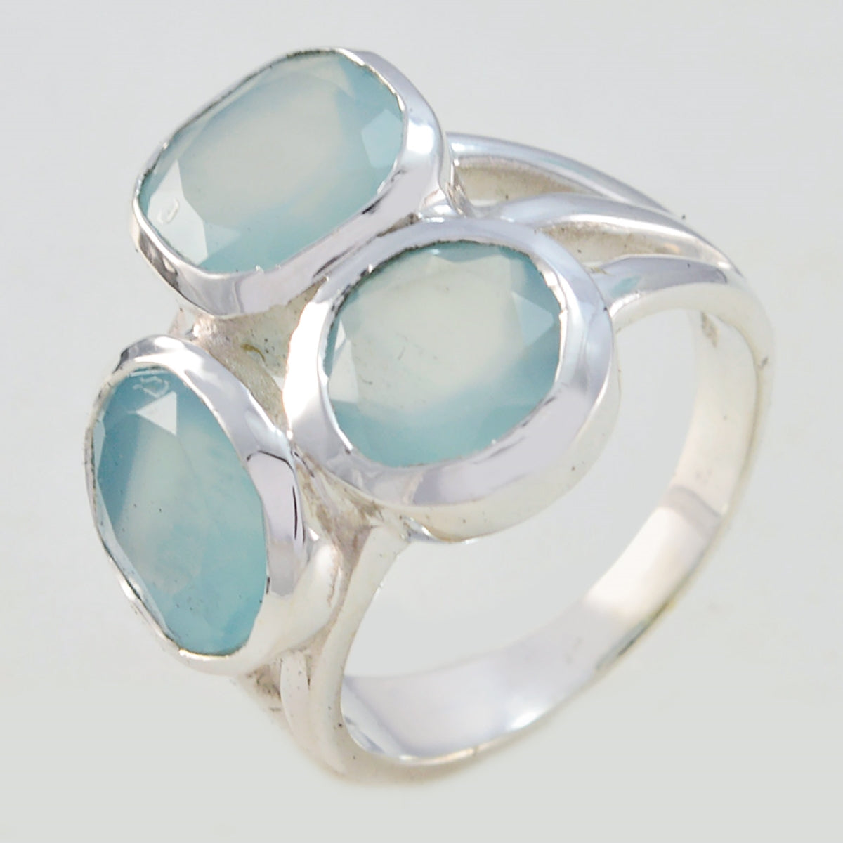 Aqua Chalcedony Trilogy French 92.5 Silver Green Gemstones Mid weight Glamorous Ring Jewellery