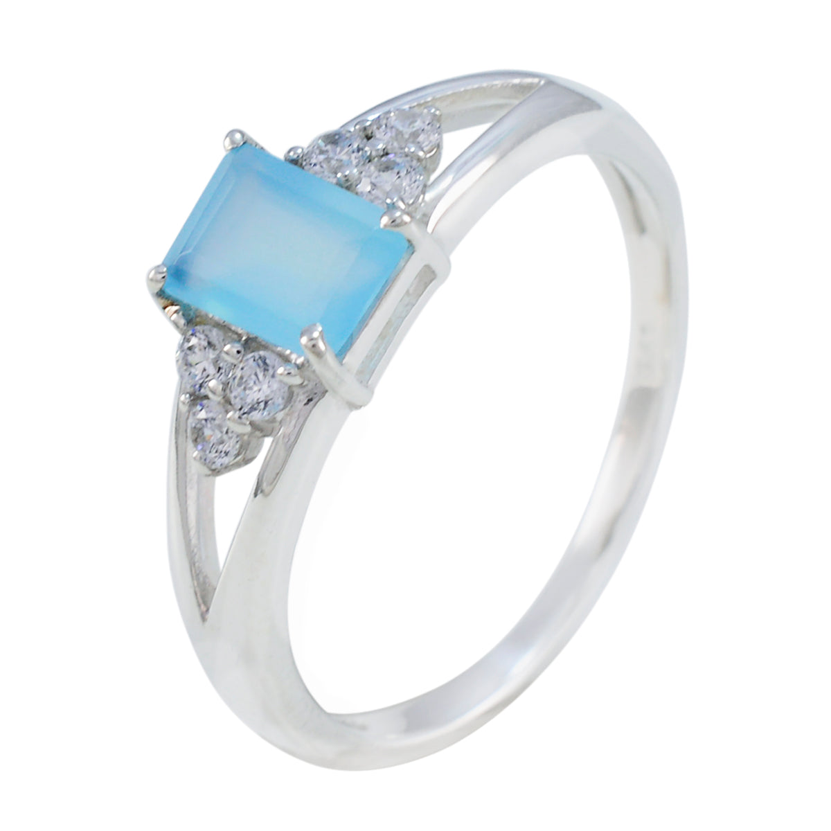 Bague contemporaine délicate en argent sterling américain avec halo de calcédoine aqua et pierre précieuse verte Image secondaire du produit