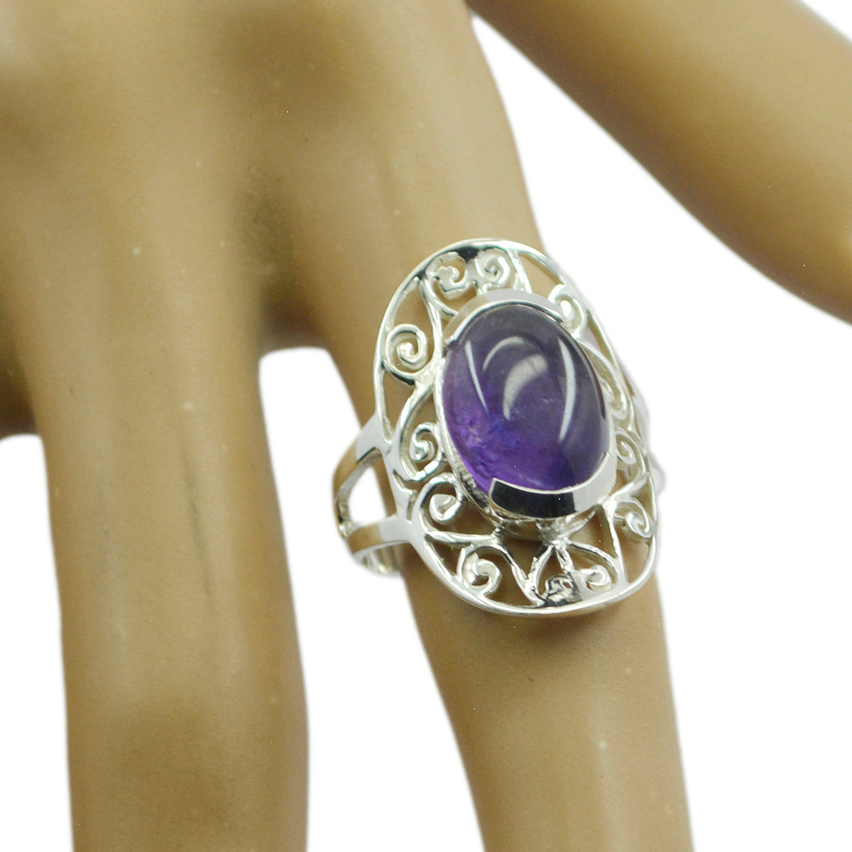 Amethyst Solitaire French 925 Sterling Silver Purple Gemstones Classic Art Deco Ring Jewellery