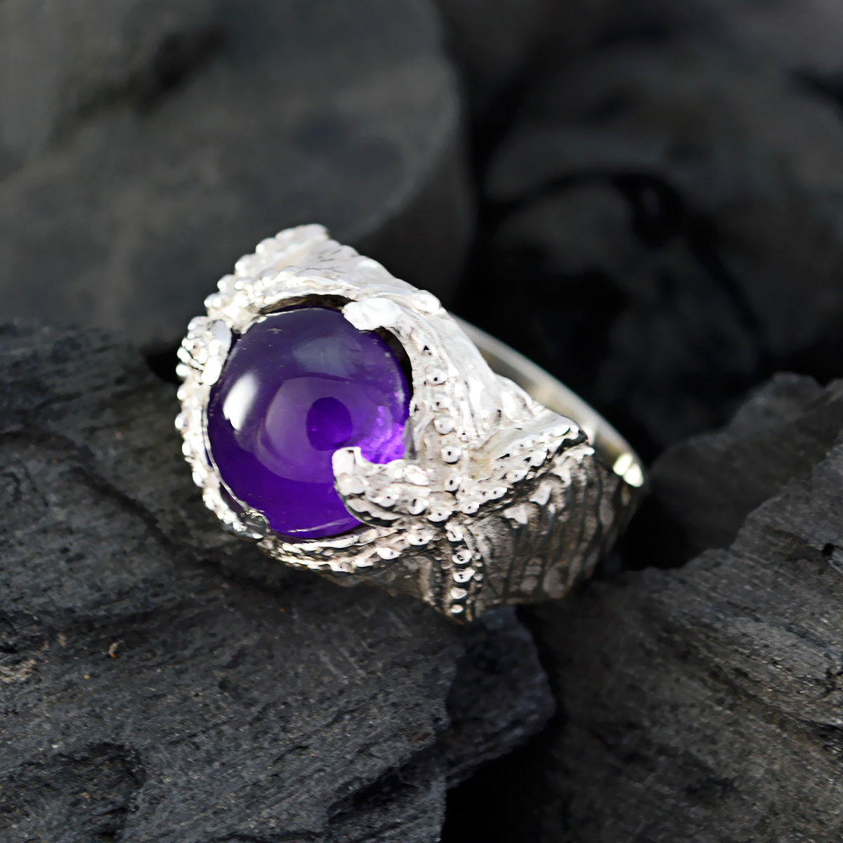 Amethyst Solitaire Italian 925 Sterling Silver Purple Gemstone Statement Art Deco Ring Jewelry