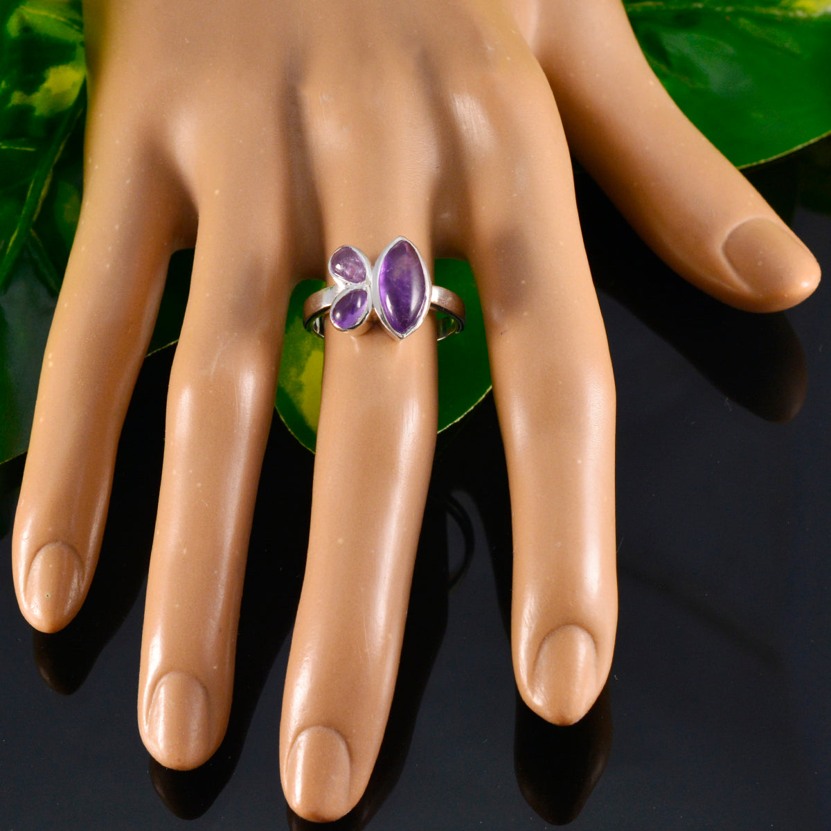 Amethyst Trilogy Moroccan 925 Sterling Silver Purple Gems Slim Boho Ring Jewellery