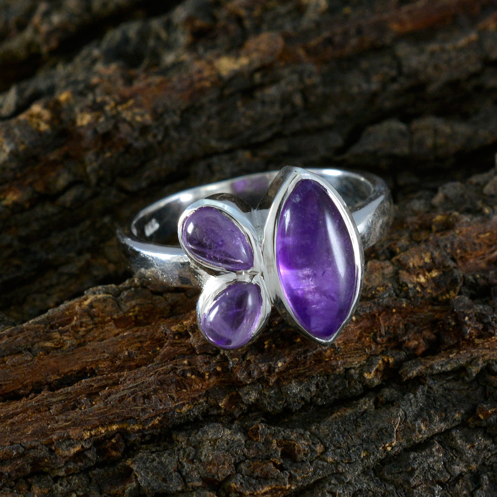 Amethyst Trilogy Moroccan 925 Sterling Silver Purple Gems Slim Boho Ring Jewellery