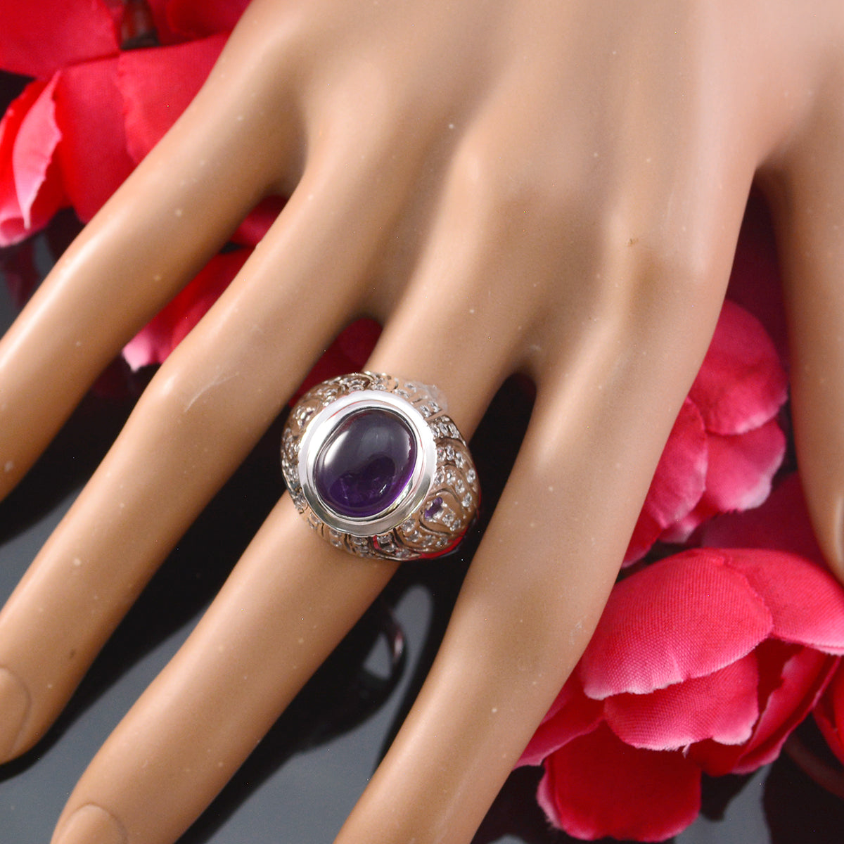 Amethyst Halo German 92.5 Silver Purple Gemstones Versatile Modern Ring Jewelry