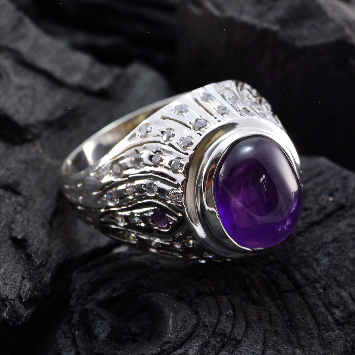 Amethyst Halo German 92.5 Silver Purple Gemstones Versatile Modern Ring Jewelry