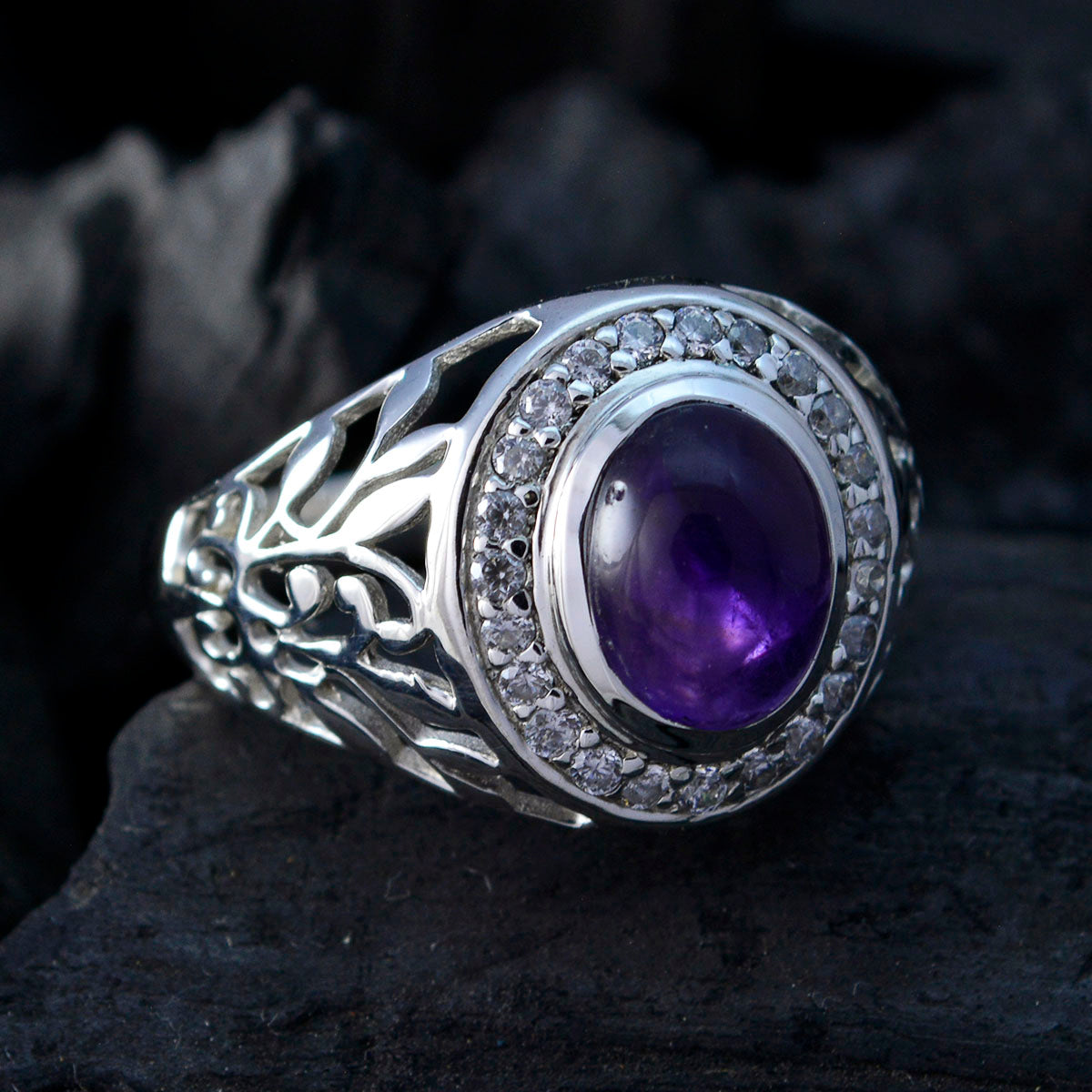 Amethyst Halo African 925 Silver Purple Gemstone Classic Sophisticated Ring Jewellery