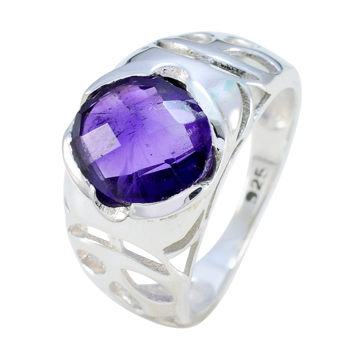 Anello alla moda con ametista solitaria russa in argento 925 e pietre preziose viola. Immagine secondaria del prodotto