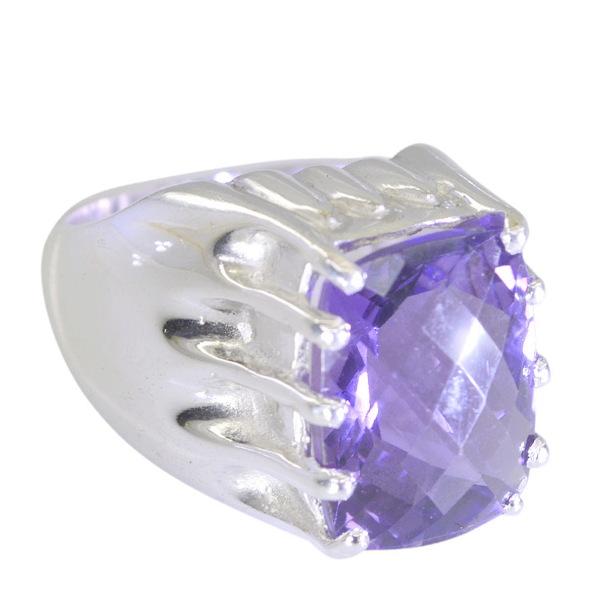 Anello antico massiccio con solitario in ametista, argento 92,5 italiano, pietre preziose viola Immagine secondaria del prodotto