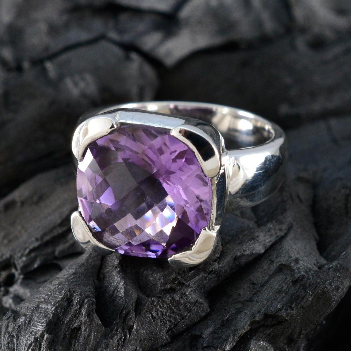 Amethyst Solitaire Italian Sterling Silver Purple Gems Statement Heritage Ring Jewelry