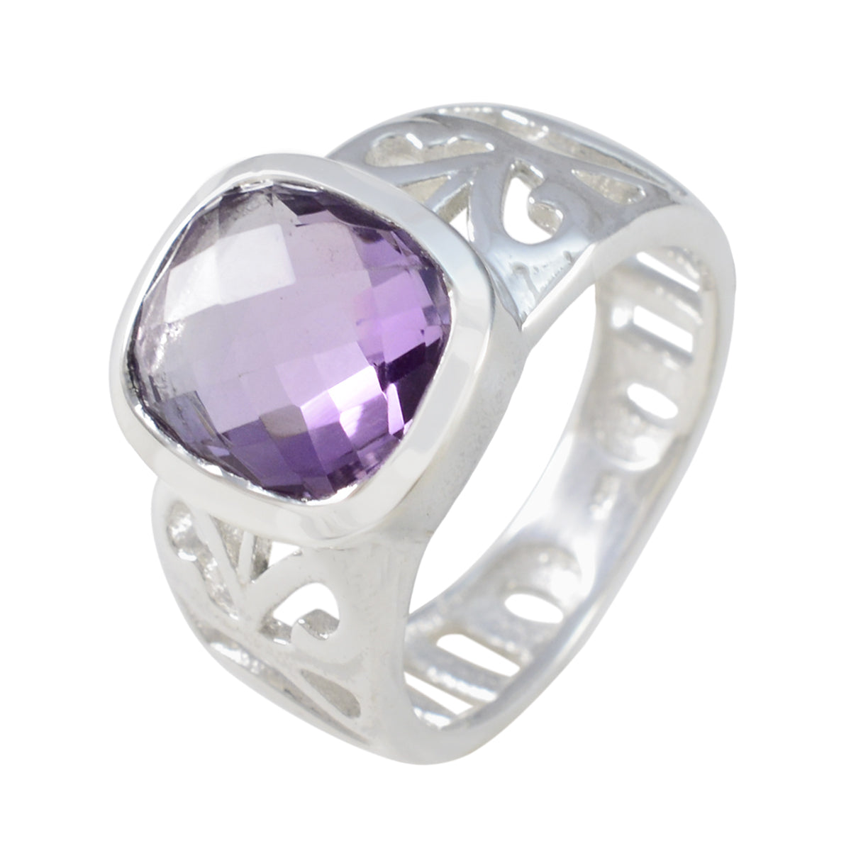 Amethyst Solitaire French 92.5 Silver Purple Gemstones Mid weight Luxurious Ring Jewelry