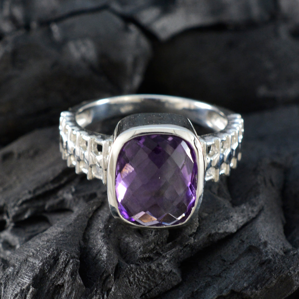 Amethyst Solitaire Egyptian Silver Purple Gemstone Mid weight Abstract Ring Jewelry