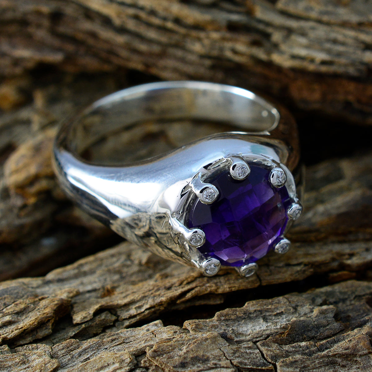 Amethyst Halo Egyptian Silver Purple Gems Versatile Abstract Ring Jewellery