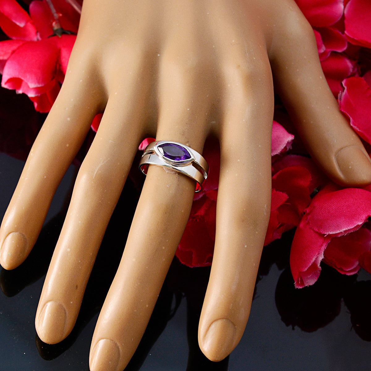 Amethyst Solitaire French Sterling Silver Purple Gemstones Slim Contemporary Ring Jewelry