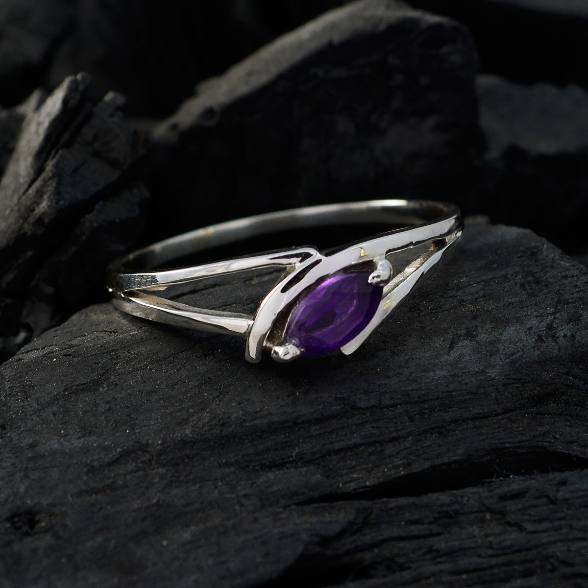 Amethyst Solitaire Japanese Sterling Silver Purple Gems Dainty Trendy Ring Jewelry