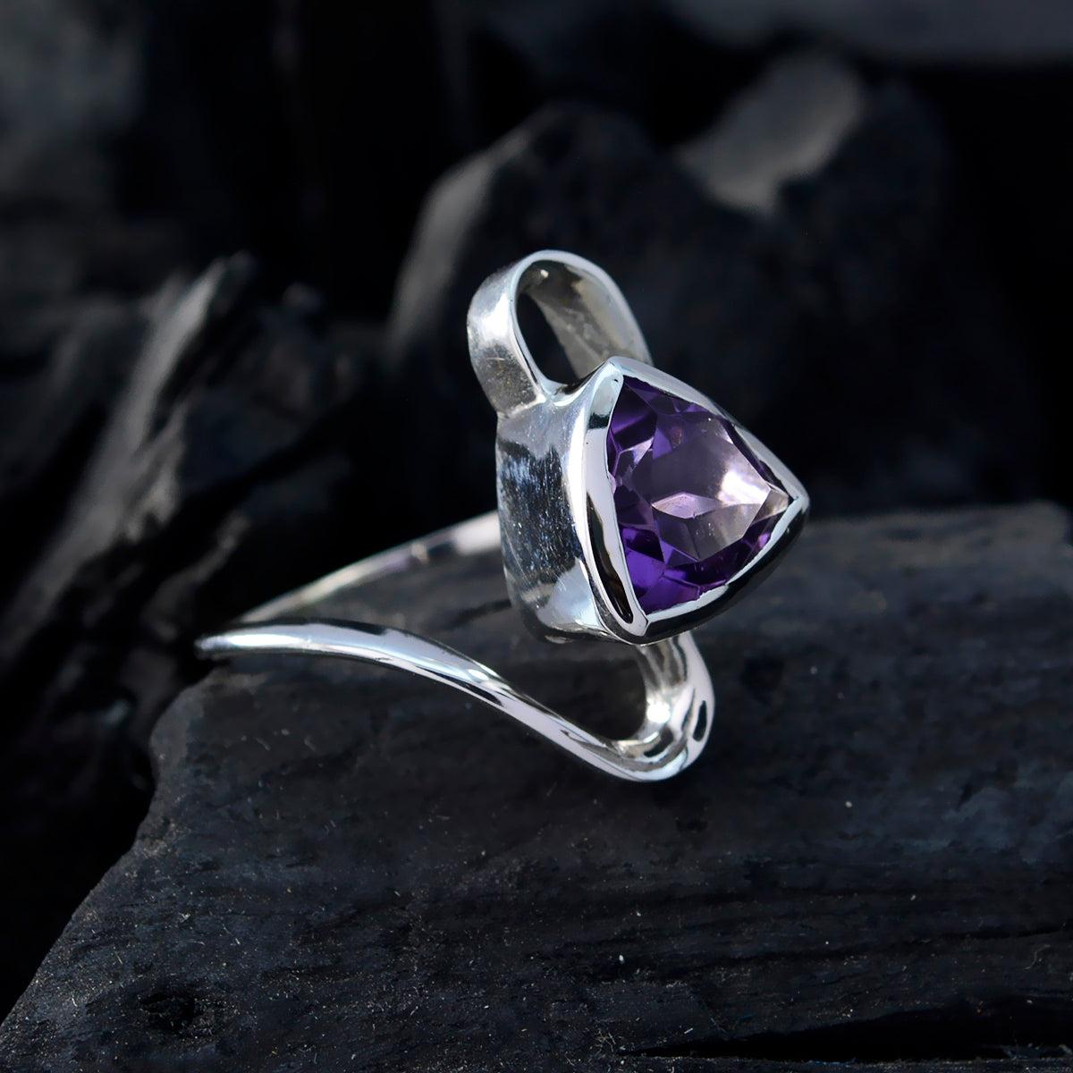 Amethyst Solitaire Turkish 925 Silver Purple Gems Slim Geometric Ring Jewelry