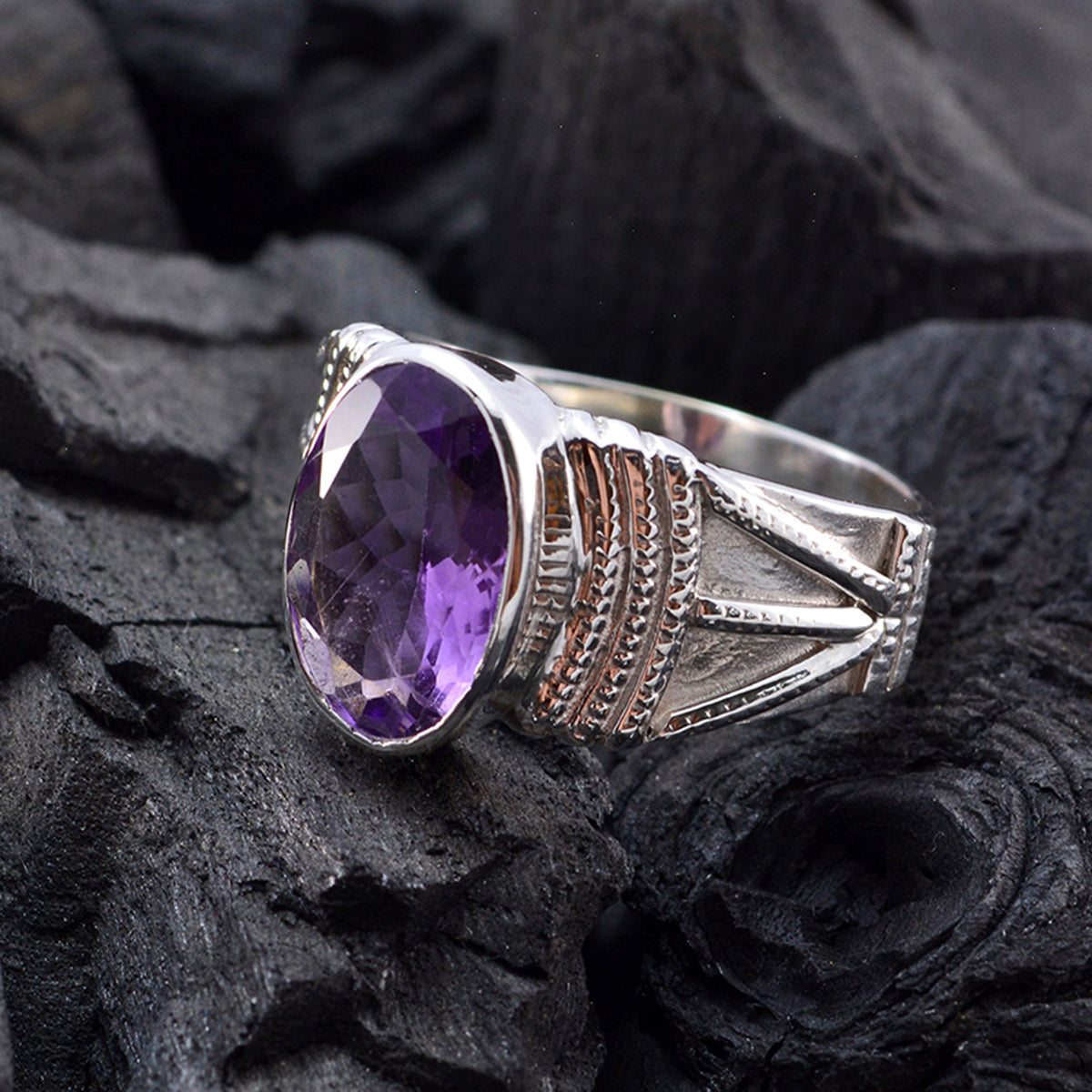 Amethyst Solitaire Egyptian 92.5 Silver Purple Gemstones Versatile Vintage Ring Jewelry