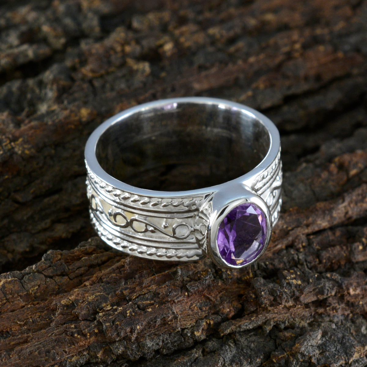 Amethyst Solitaire Moroccan Sterling Silver Purple Gems Mid weight Art Deco Ring Jewellery