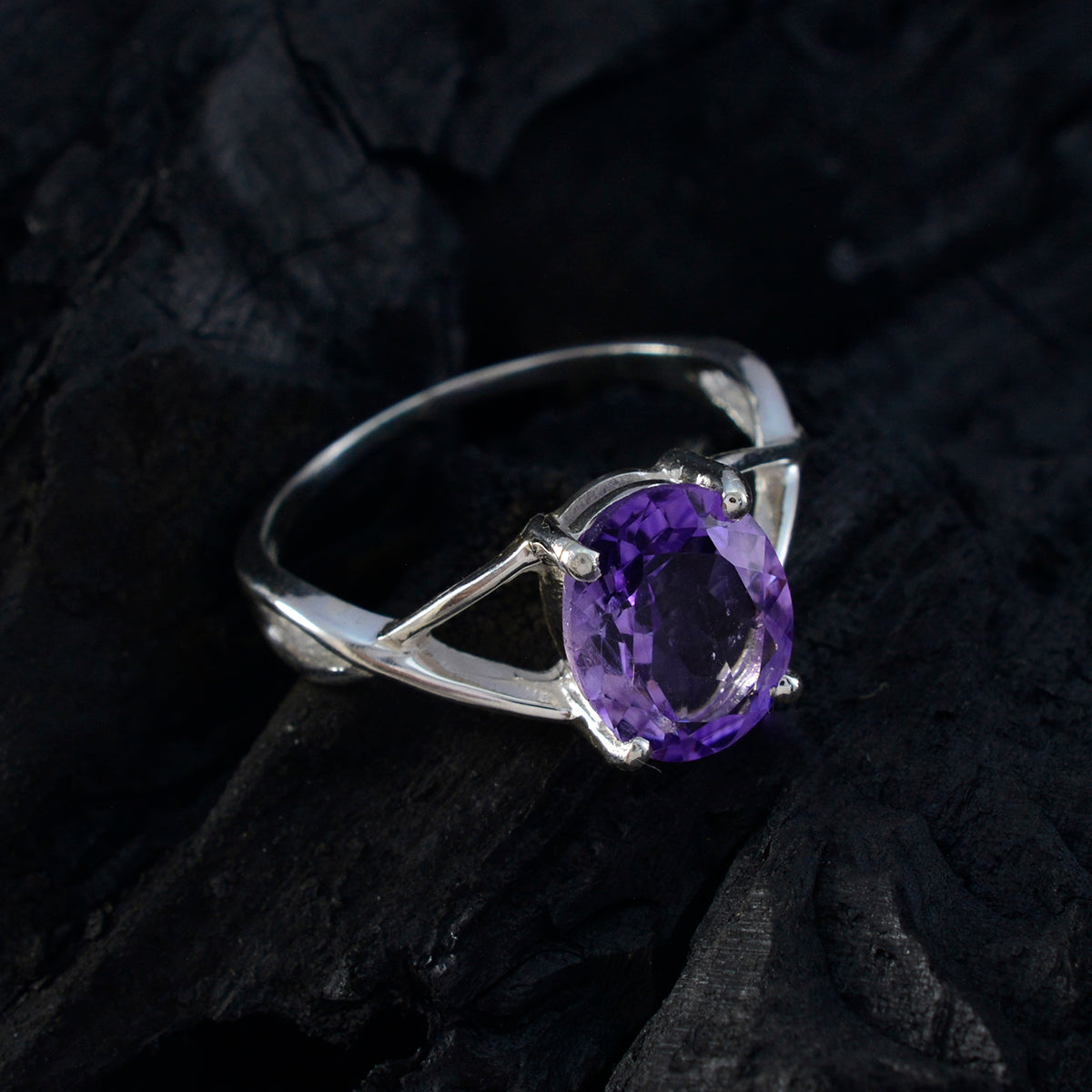 Amethyst Solitaire Korean Sterling Silver Purple Gems Delicate Glamorous Ring Jewelry