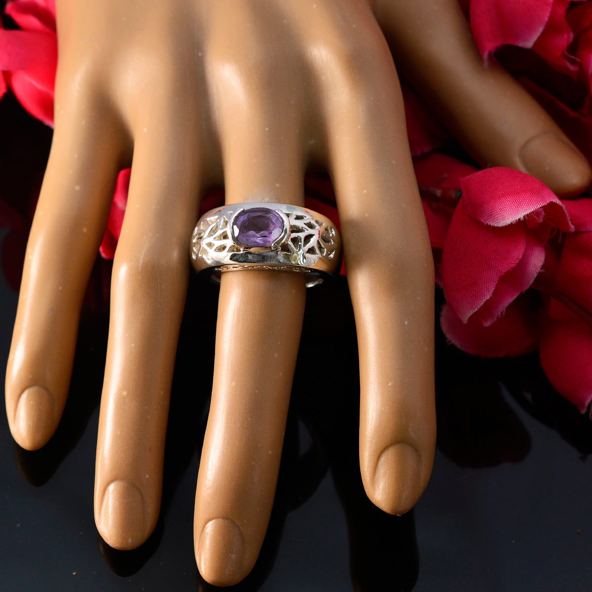 Amethyst Solitaire German 925 Silver Purple Gemstone Chunky Filigree Ring Jewelry