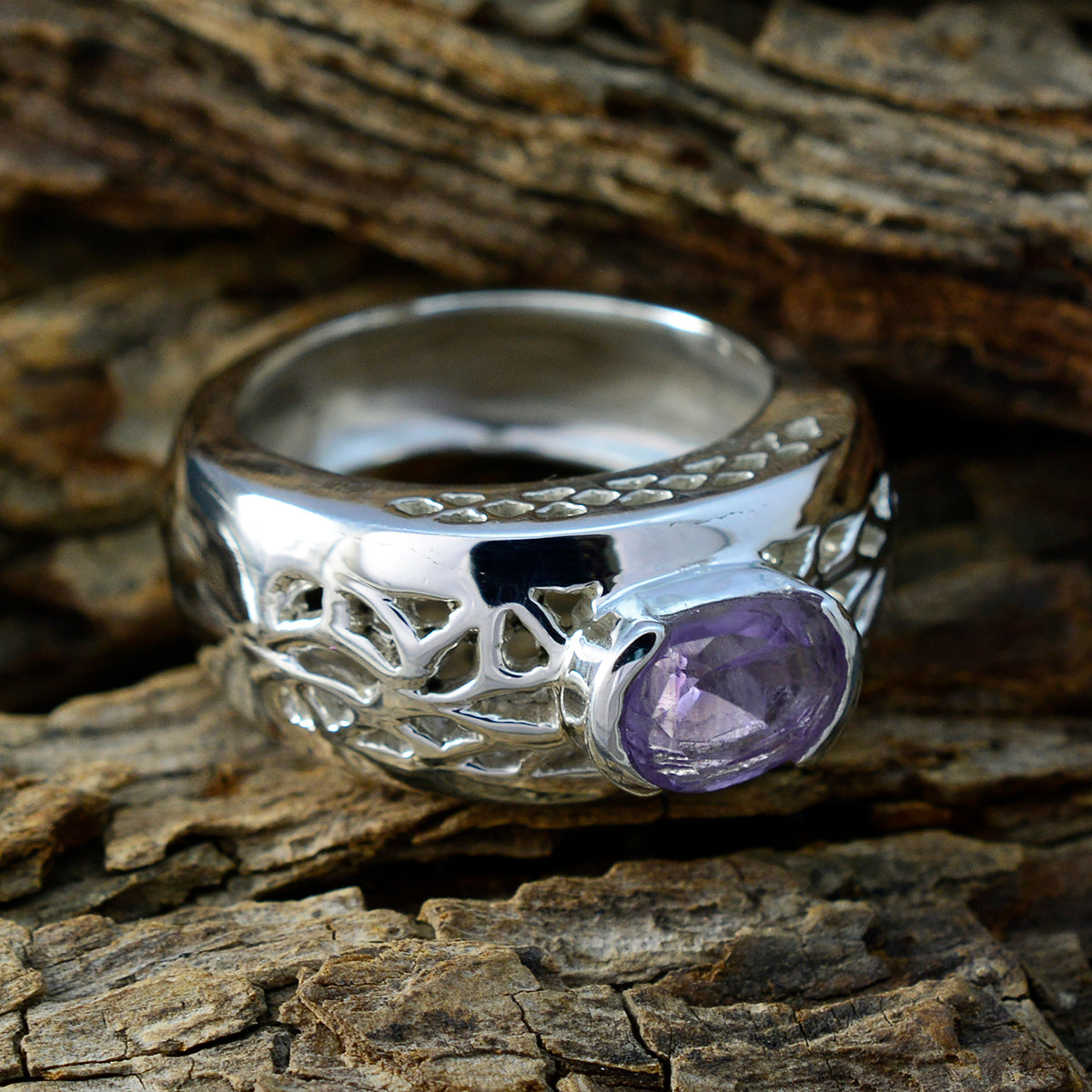 Amethyst Solitaire German 925 Silver Purple Gemstone Chunky Filigree Ring Jewelry